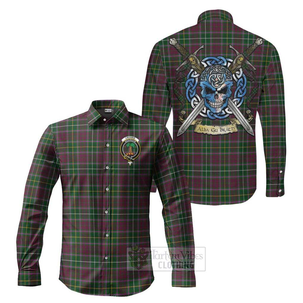 Tartan Vibes Clothing Crosbie Tartan Long Sleeve Button Shirt with Family Crest Celtic Skull Style
