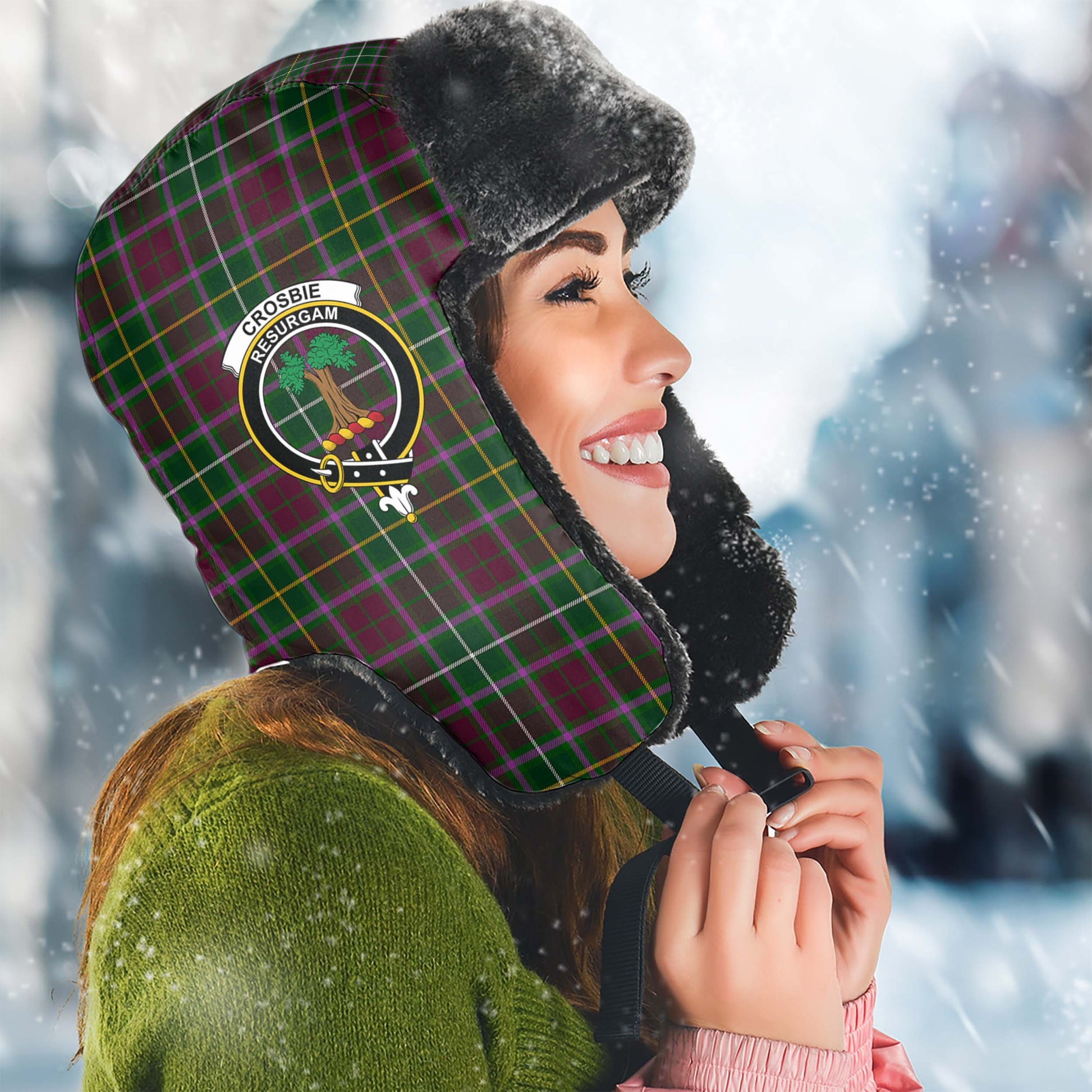 Crosbie Tartan Winter Trapper Hat with Family Crest Winter Trapper Hat Universal Fit Circumference 22.8in (58cm) - Tartan Vibes Clothing