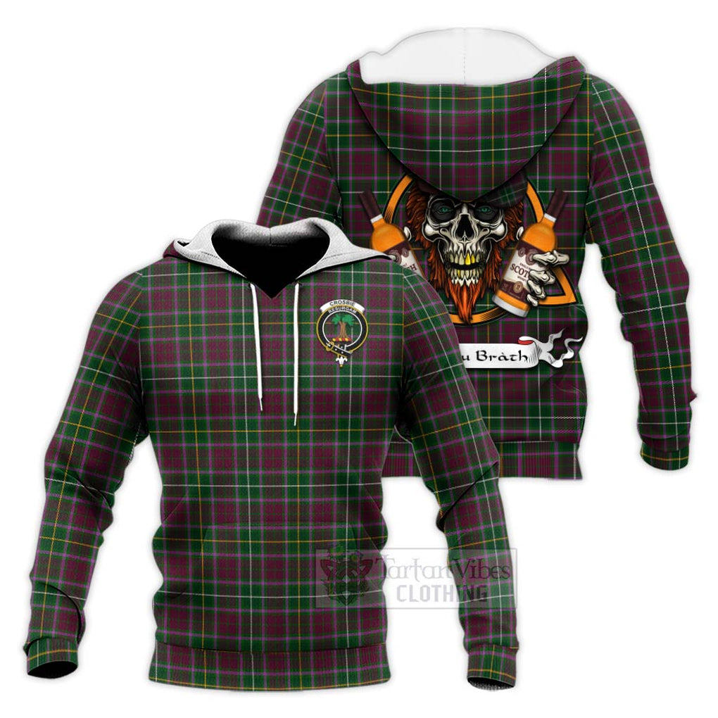 Tartan Vibes Clothing Crosbie Tartan Knitted Hoodie with Family Crest and Bearded Skull Holding Bottles of Whiskey