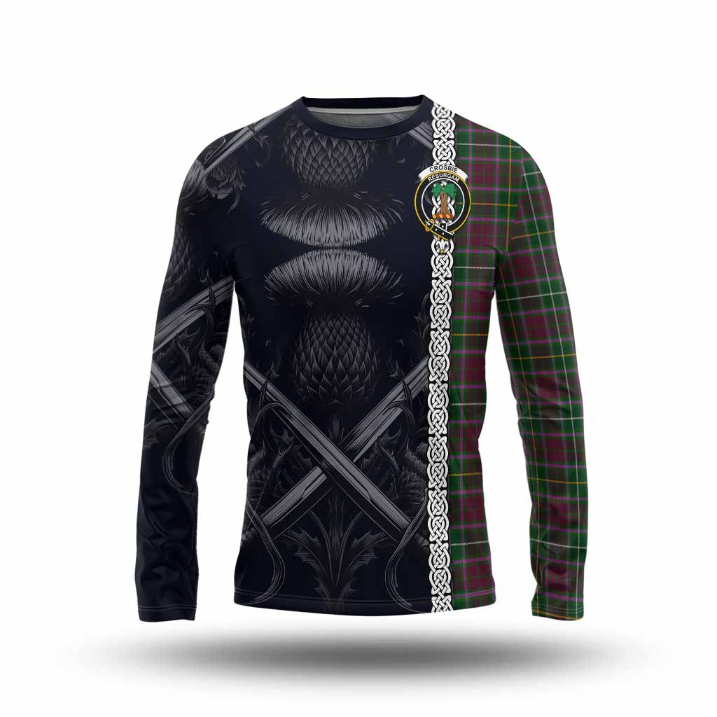 Tartan Vibes Clothing Crosbie Tartan Long Sleeve T-Shirt with Family Crest Cross Sword Thistle Celtic Vibes