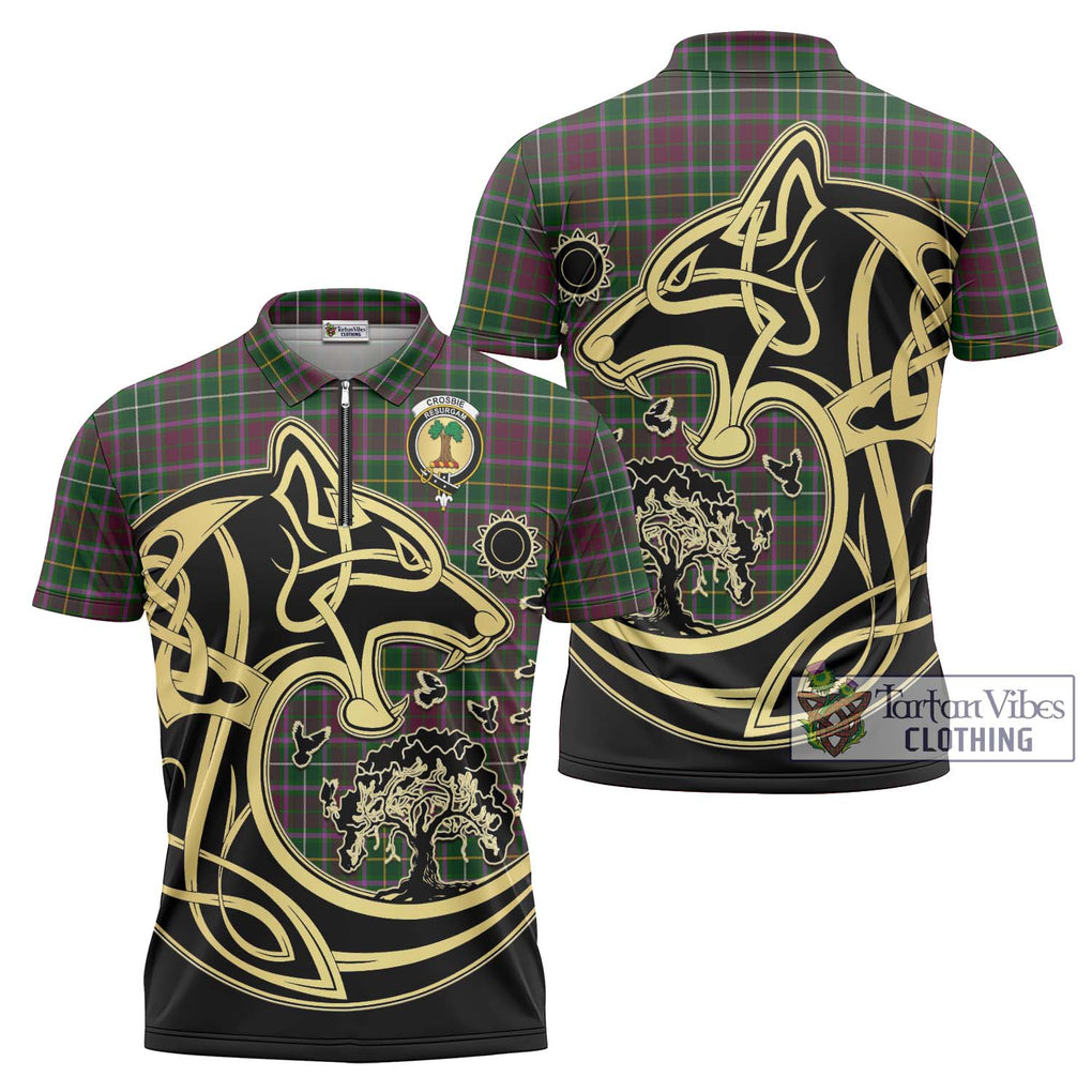 Crosbie Tartan Zipper Polo Shirt with Family Crest Celtic Wolf Style Unisex - Tartanvibesclothing Shop