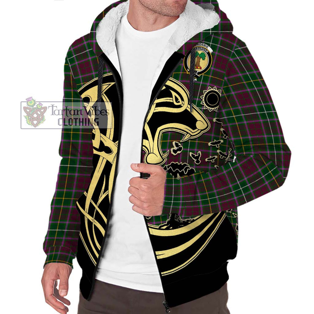 Crosbie Tartan Sherpa Hoodie with Family Crest Celtic Wolf Style Unisex S - Tartan Vibes Clothing