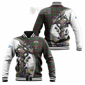 Tartan Vibes Clothing Crosbie Tartan Baseball Jacket with Family Crest and St. Andrew's Cross Accented by Thistle Vines