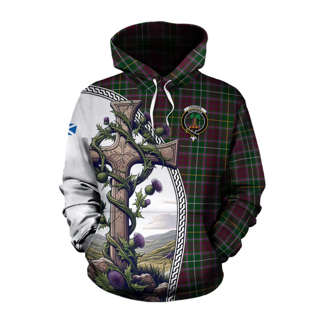 Tartan Vibes Clothing Crosbie Tartan Cotton Hoodie with Family Crest and St. Andrew's Cross Accented by Thistle Vines