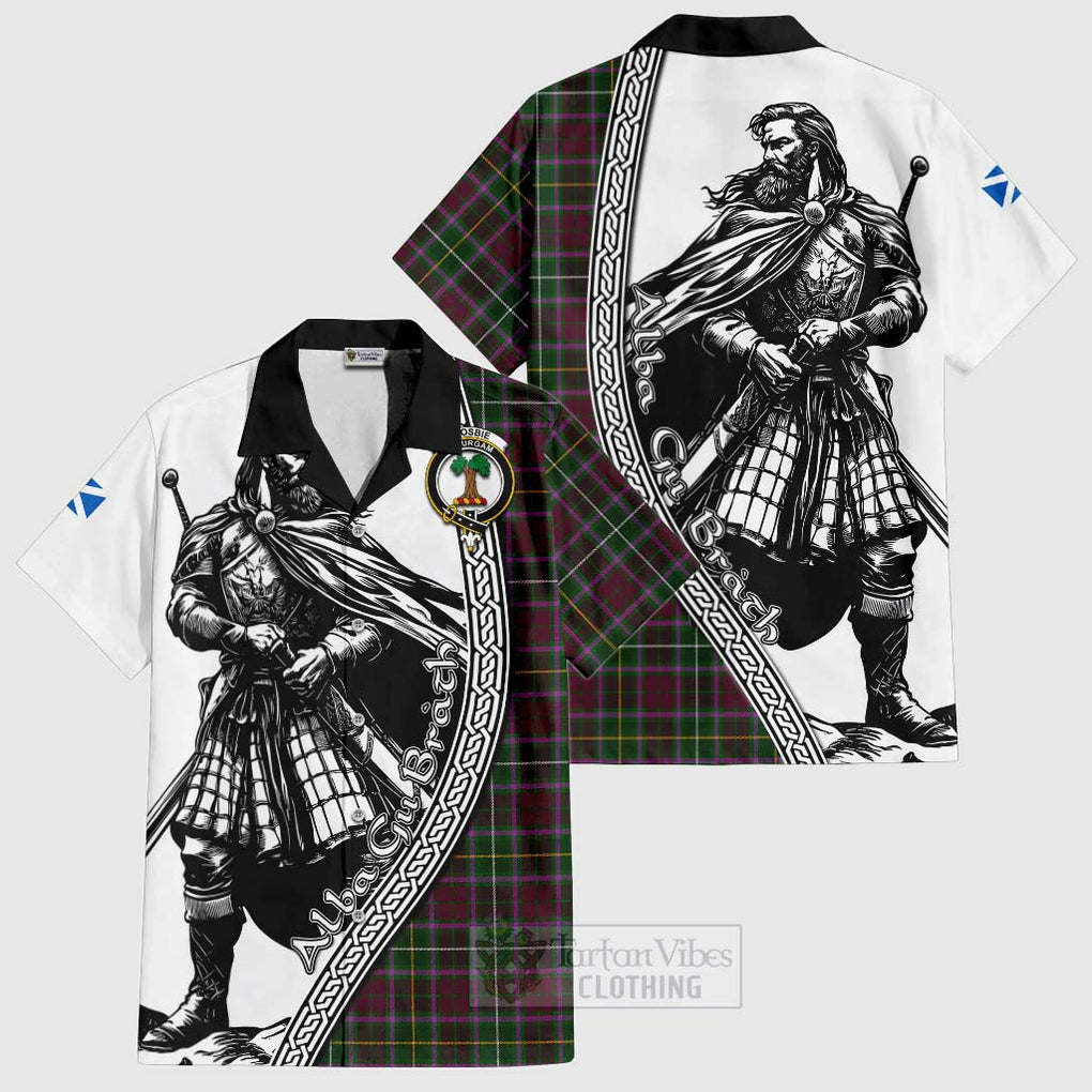 Tartan Vibes Clothing Crosbie Tartan Clan Crest Short Sleeve Button Shirt with Highlander Warrior Celtic Style