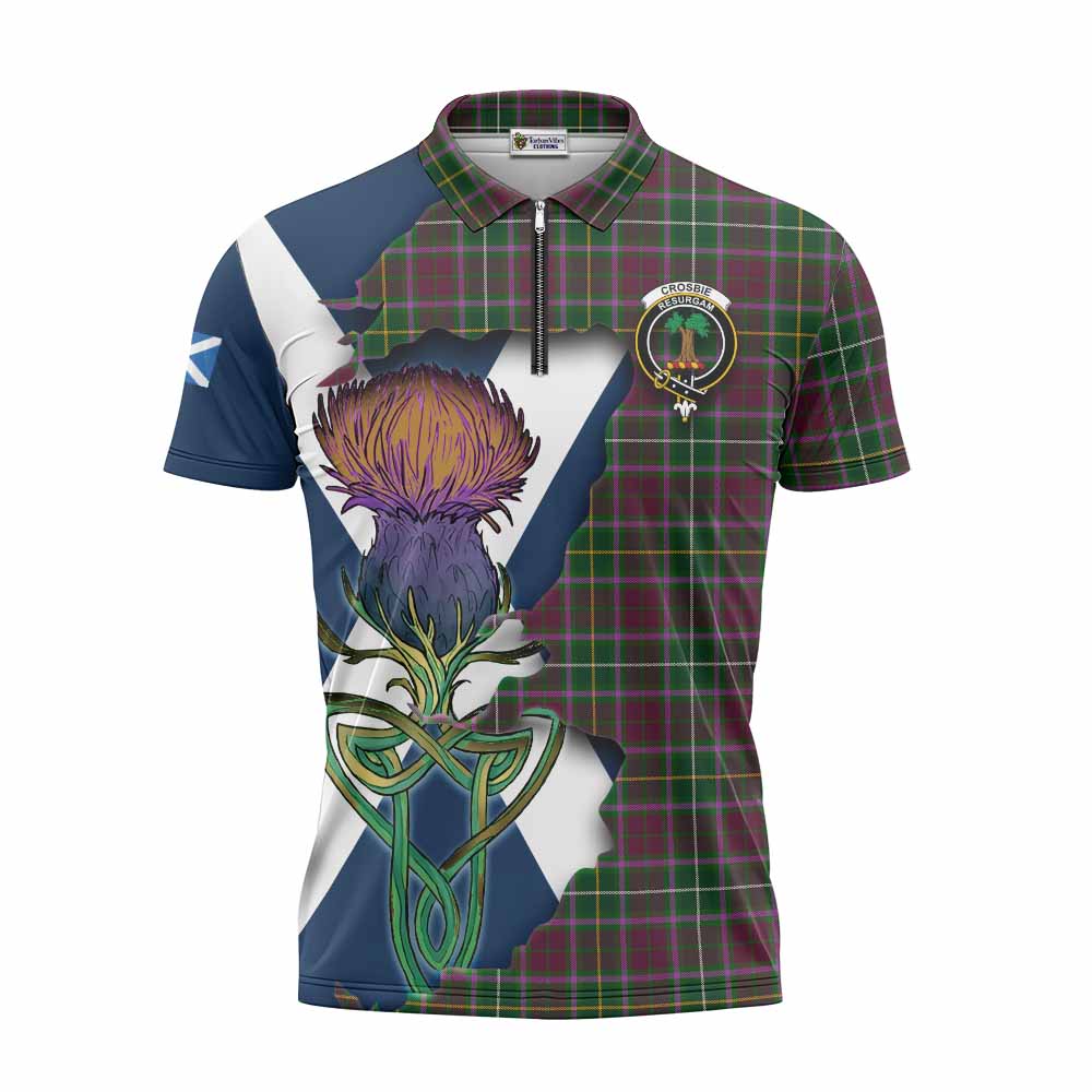Tartan Vibes Clothing Crosbie Tartan Family Crest Zipper Polo Shirt Scottish Thistle Celtic Inspired