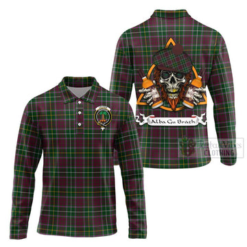 Tartan Vibes Clothing Crosbie Tartan Long Sleeve Polo Shirt with Family Crest and Bearded Skull Holding Bottles of Whiskey
