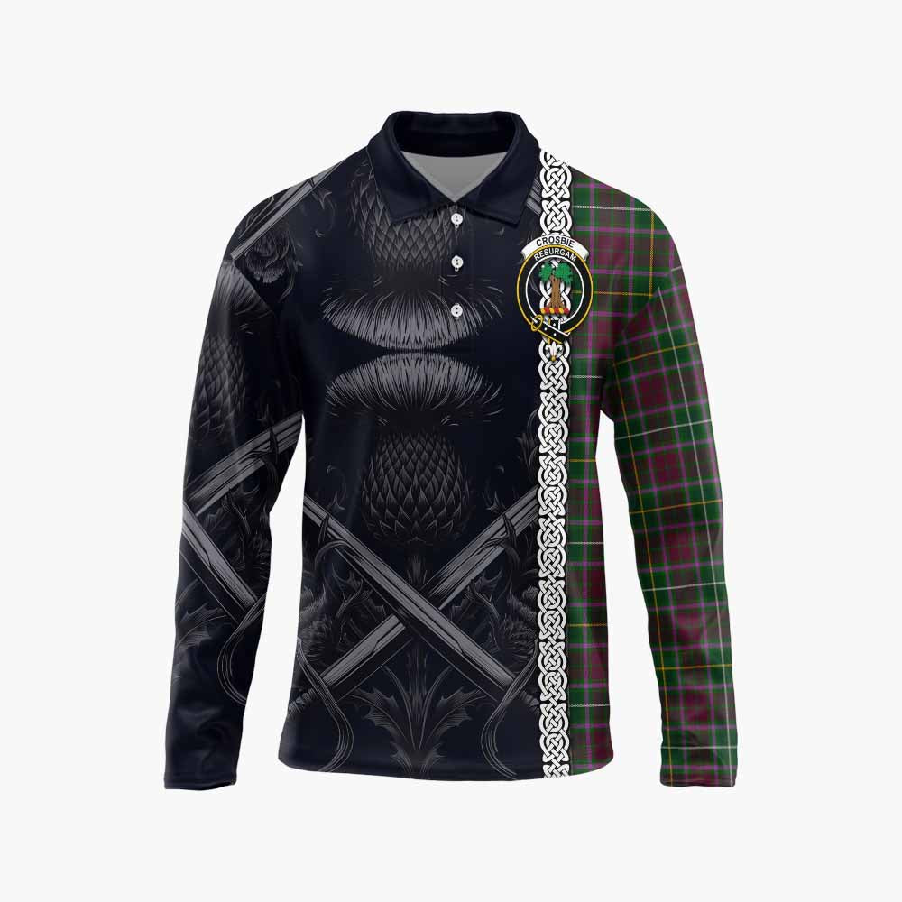 Tartan Vibes Clothing Crosbie Tartan Long Sleeve Polo Shirt with Family Crest Cross Sword Thistle Celtic Vibes