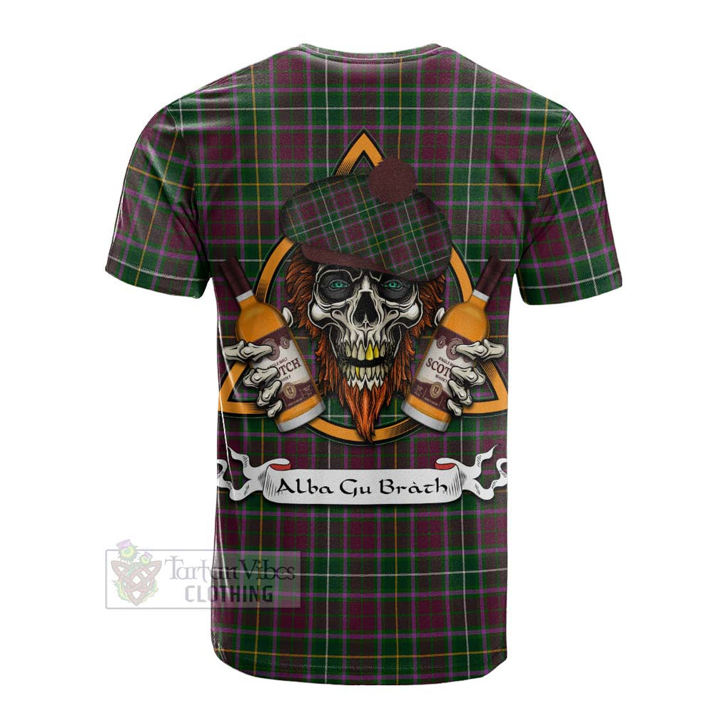 Tartan Vibes Clothing Crosbie Tartan Cotton T-shirt with Family Crest and Bearded Skull Holding Bottles of Whiskey