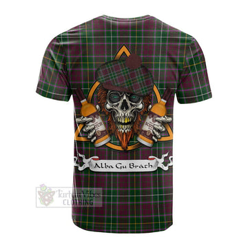 Tartan Vibes Clothing Crosbie Tartan Cotton T-shirt with Family Crest and Bearded Skull Holding Bottles of Whiskey