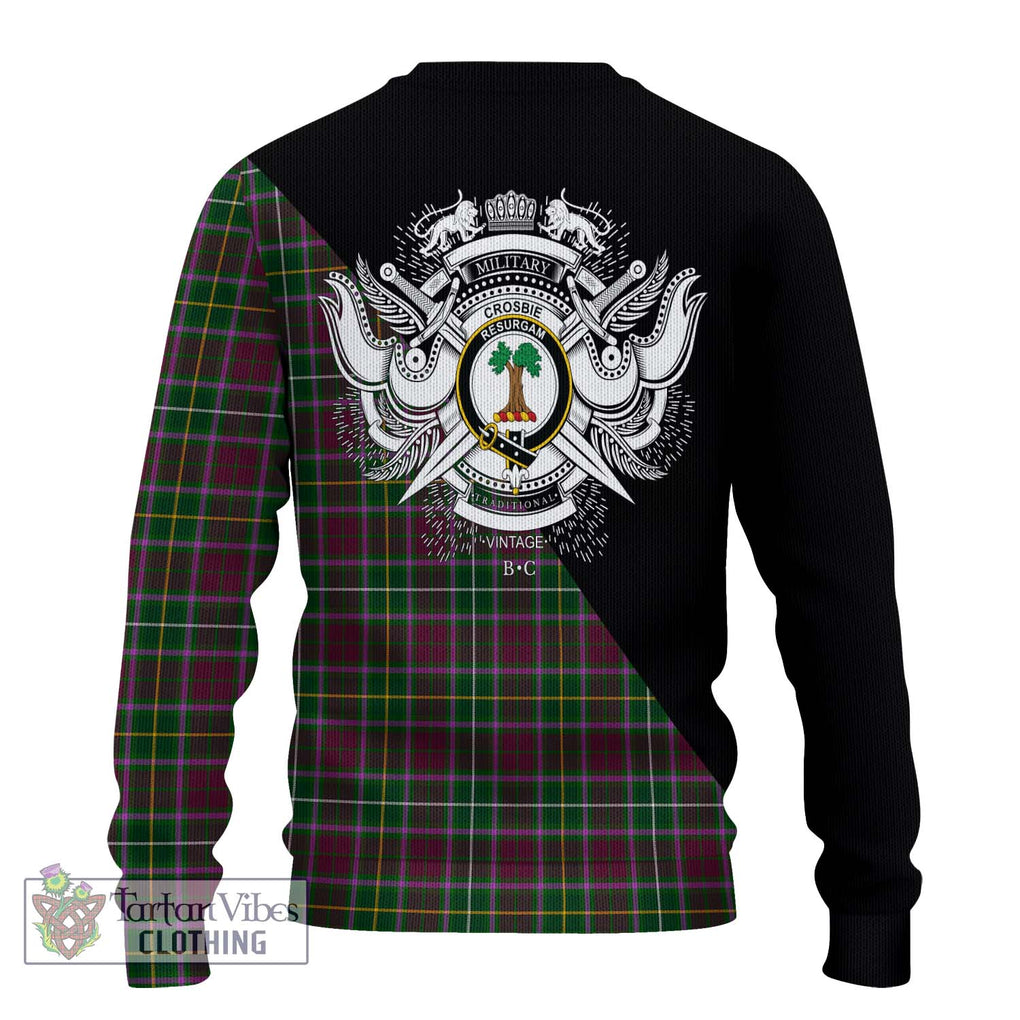 Crosbie Tartan Knitted Sweater with Family Crest and Military Logo Style - Tartanvibesclothing Shop