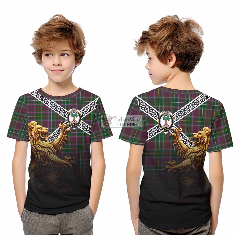 Tartan Vibes Clothing Crosbie Crest Tartan Kid T-Shirt with Golden Lion Emblem Celtic Style