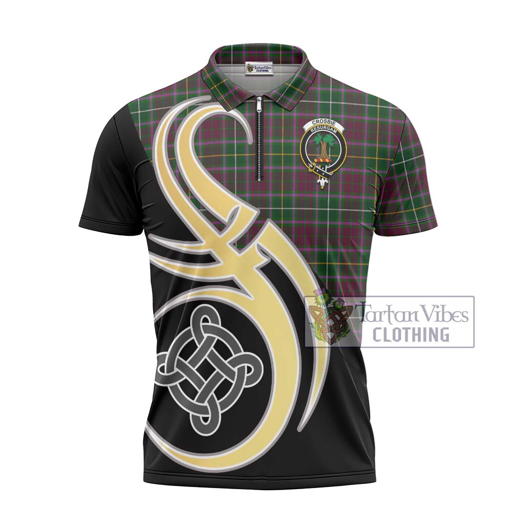 Tartan Vibes Clothing Crosbie Tartan Zipper Polo Shirt with Family Crest and Celtic Symbol Style