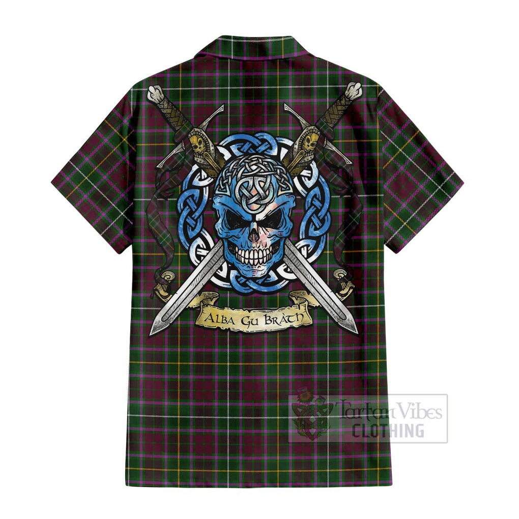 Tartan Vibes Clothing Crosbie Tartan Short Sleeve Button Shirt with Family Crest Celtic Skull Style