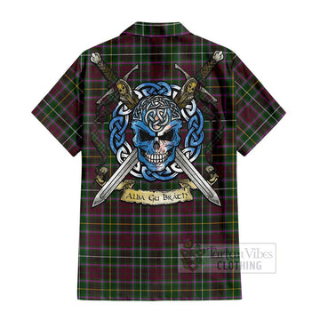 Tartan Vibes Clothing Crosbie Tartan Short Sleeve Button Shirt with Family Crest Celtic Skull Style