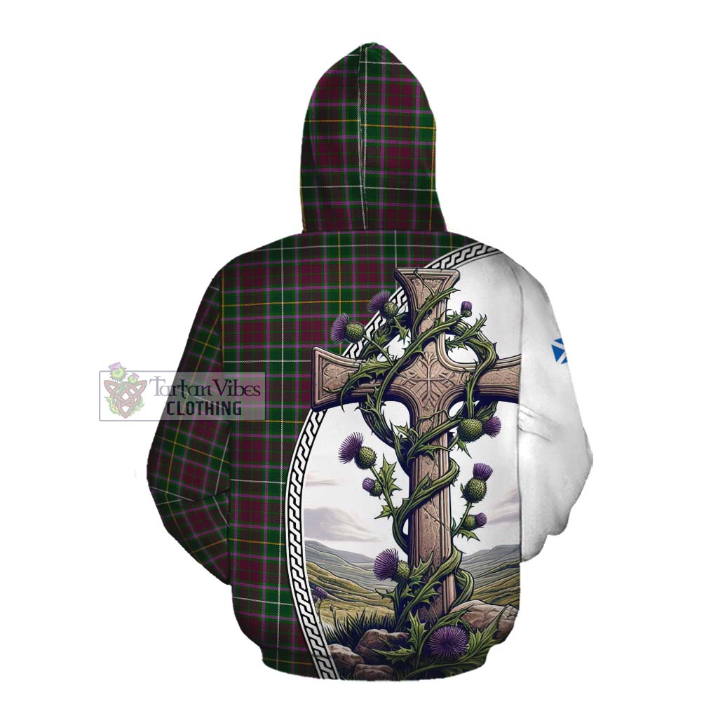 Tartan Vibes Clothing Crosbie Tartan Cotton Hoodie with Family Crest and St. Andrew's Cross Accented by Thistle Vines