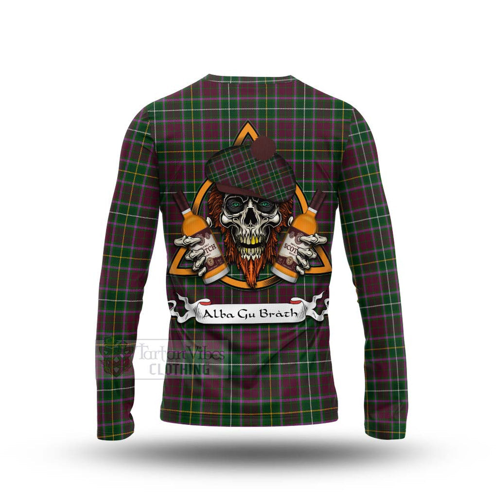 Tartan Vibes Clothing Crosbie Tartan Long Sleeve T-Shirt with Family Crest and Bearded Skull Holding Bottles of Whiskey