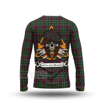 Tartan Vibes Clothing Crosbie Tartan Long Sleeve T-Shirt with Family Crest and Bearded Skull Holding Bottles of Whiskey