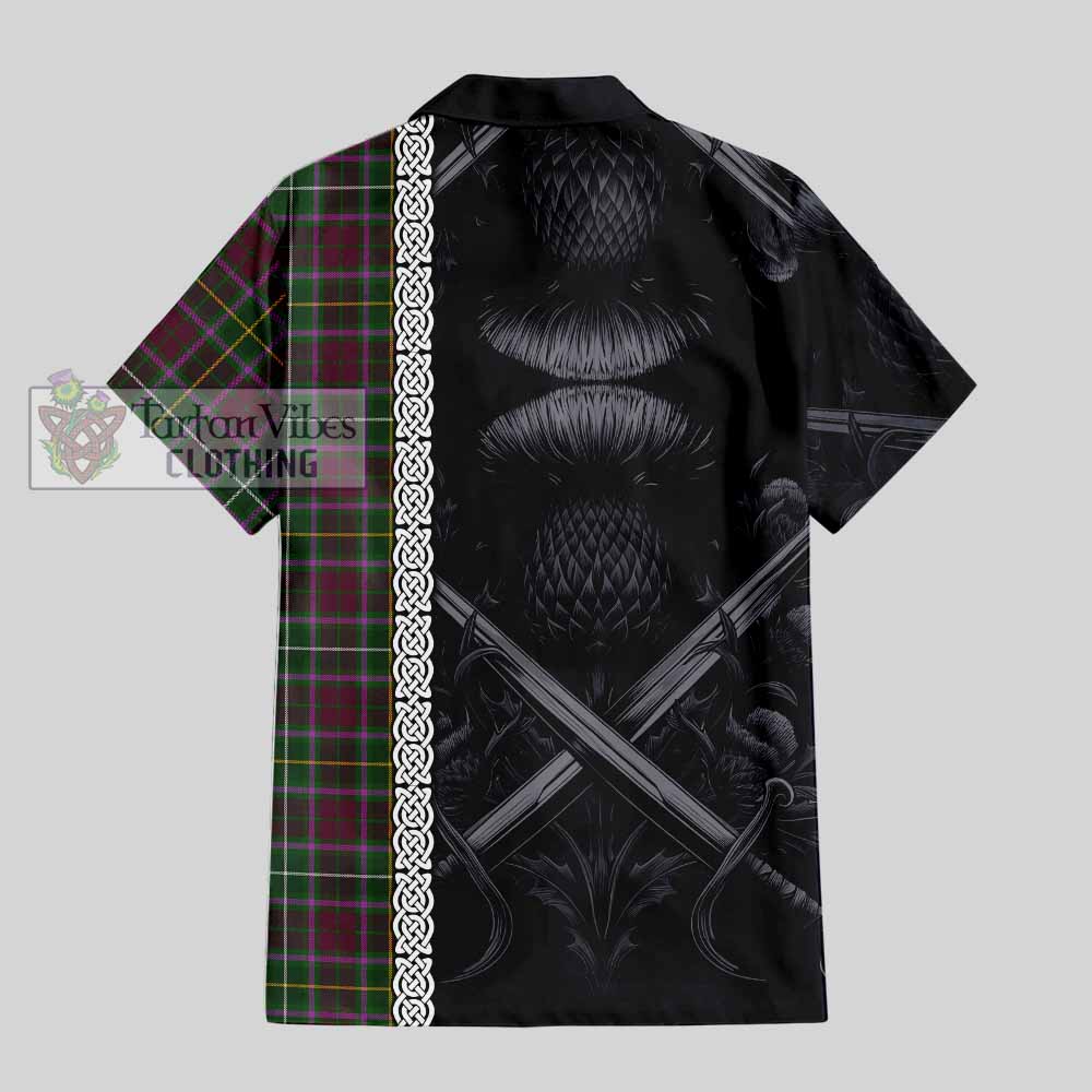Tartan Vibes Clothing Crosbie Tartan Short Sleeve Button Shirt with Family Crest Cross Sword Thistle Celtic Vibes