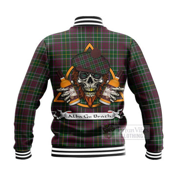 Tartan Vibes Clothing Crosbie Tartan Baseball Jacket with Family Crest and Bearded Skull Holding Bottles of Whiskey