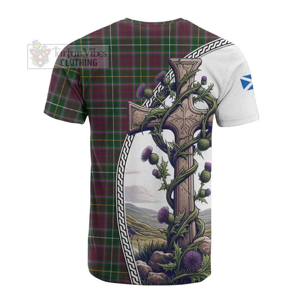 Tartan Vibes Clothing Crosbie Tartan Cotton T-shirt with Family Crest and St. Andrew's Cross Accented by Thistle Vines