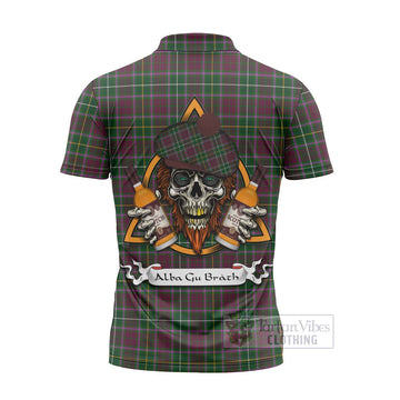 Crosbie Tartan Zipper Polo Shirt with Family Crest and Bearded Skull Holding Bottles of Whiskey - Tartan Vibes Clothing