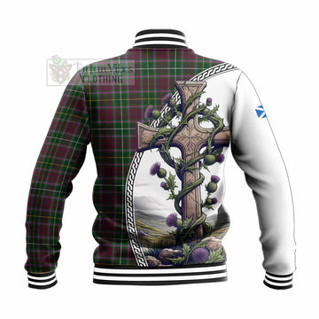 Tartan Vibes Clothing Crosbie Tartan Baseball Jacket with Family Crest and St. Andrew's Cross Accented by Thistle Vines