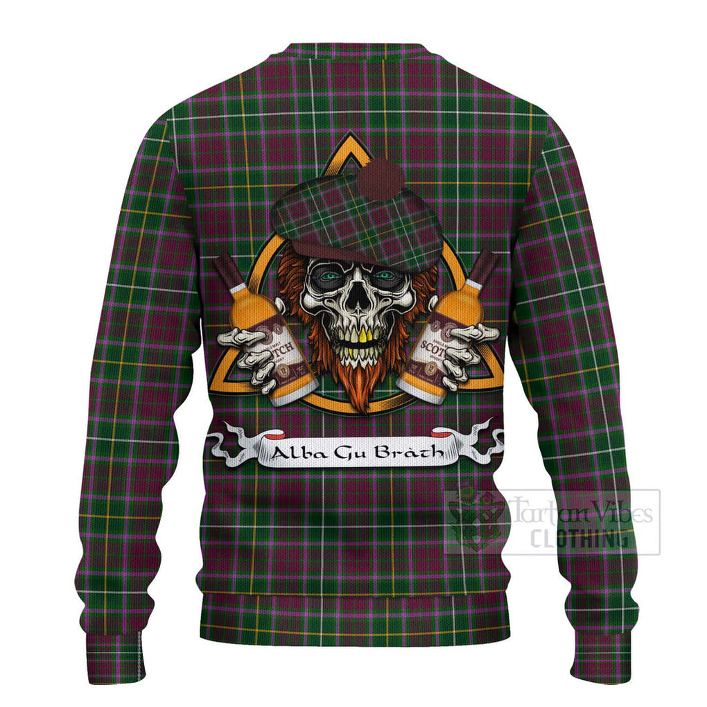 Tartan Vibes Clothing Crosbie Tartan Knitted Sweater with Family Crest and Bearded Skull Holding Bottles of Whiskey