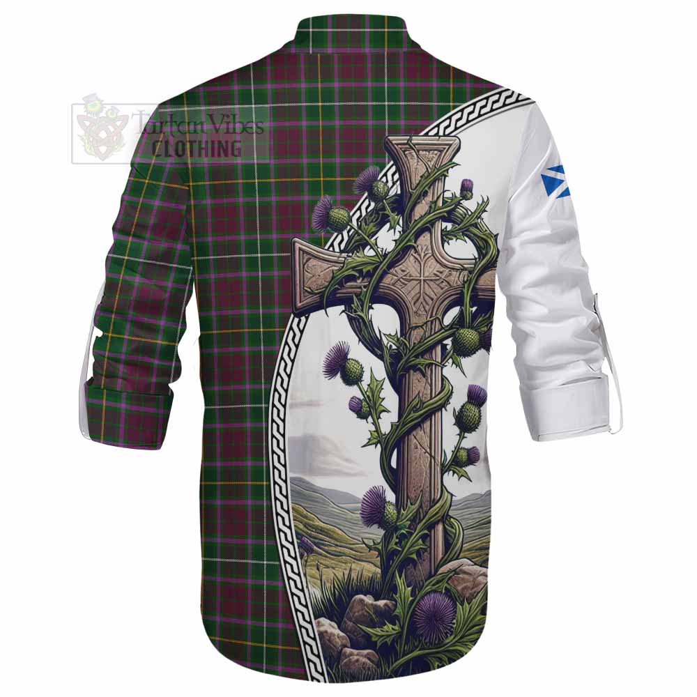 Tartan Vibes Clothing Crosbie Tartan Ghillie Kilt Shirt with Family Crest and St. Andrew's Cross Accented by Thistle Vines