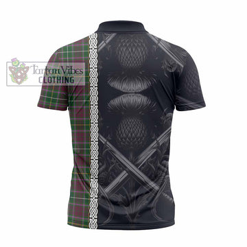 Tartan Vibes Clothing Crosbie Tartan Zipper Polo Shirt with Family Crest Cross Sword Thistle Celtic Vibes