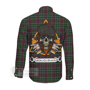 Tartan Vibes Clothing Crosbie Tartan Long Sleeve Button Shirt with Family Crest and Bearded Skull Holding Bottles of Whiskey