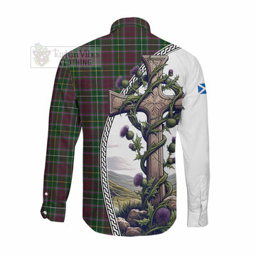 Tartan Vibes Clothing Crosbie Tartan Long Sleeve Button Shirt with Family Crest and St. Andrew's Cross Accented by Thistle Vines