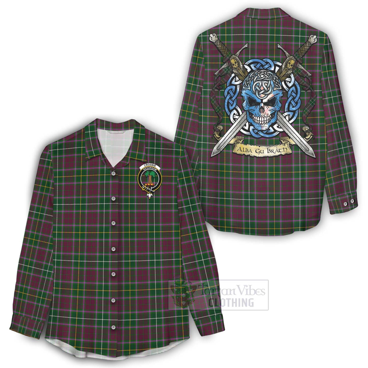 Tartan Vibes Clothing Crosbie Tartan Women's Casual Shirt with Family Crest Celtic Skull Style