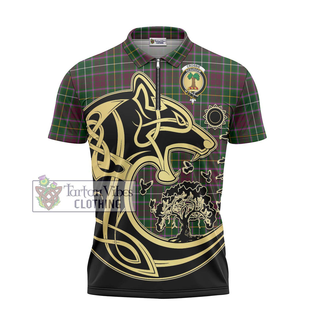 Crosbie Tartan Zipper Polo Shirt with Family Crest Celtic Wolf Style - Tartanvibesclothing Shop