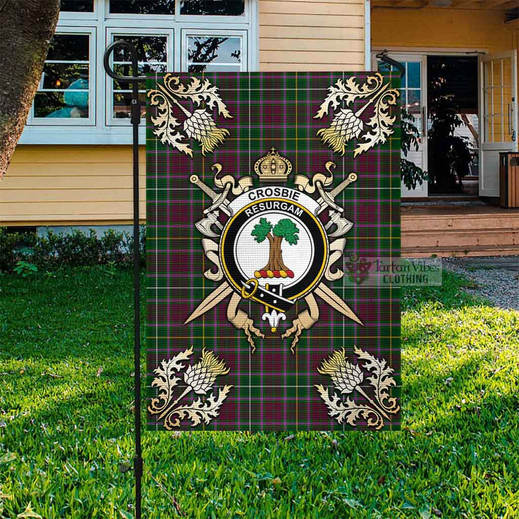 Tartan Vibes Clothing Crosbie Tartan Flag with Family Crest and Golden Thistle Crossed Sword Design