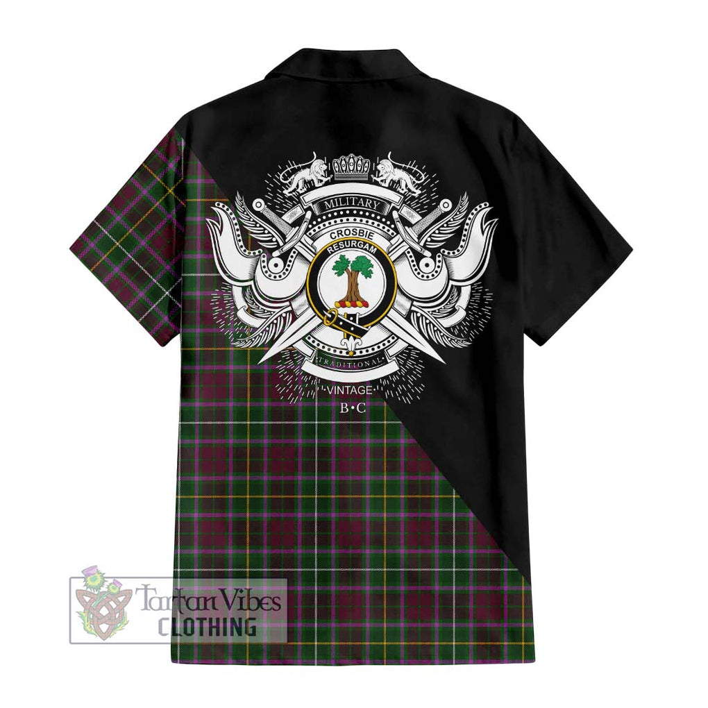 Crosbie Tartan Short Sleeve Button Shirt with Family Crest and Military Logo Style - Tartanvibesclothing Shop