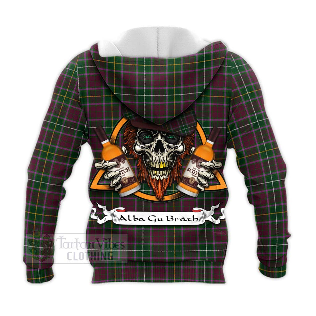 Tartan Vibes Clothing Crosbie Tartan Knitted Hoodie with Family Crest and Bearded Skull Holding Bottles of Whiskey