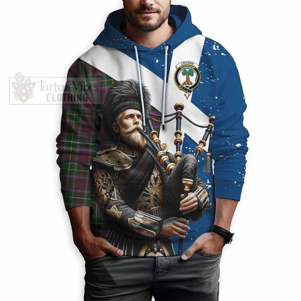 Tartan Vibes Clothing Crosbie Tartan Hoodie with Family Crest Scottish Bagpiper Vibes