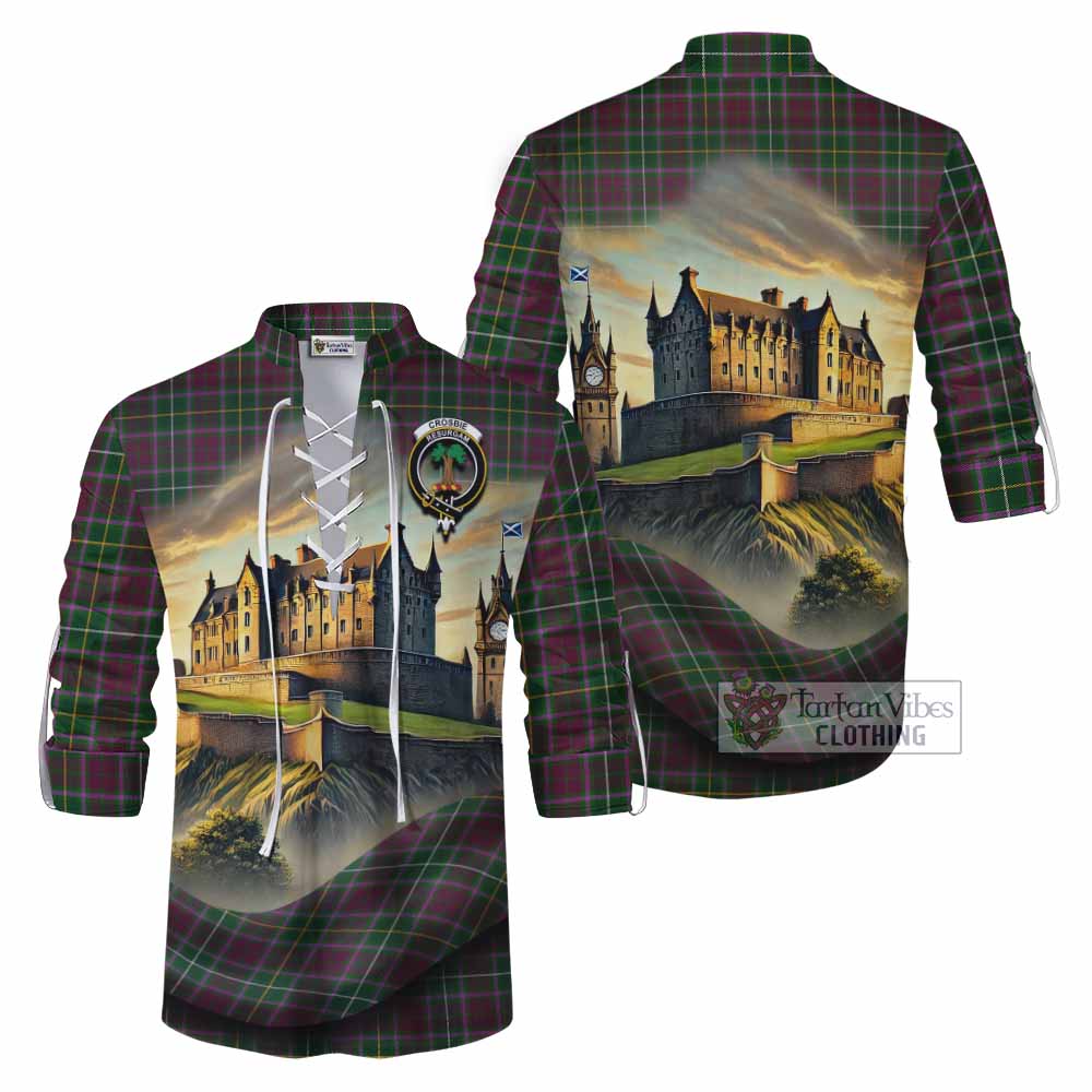 Tartan Vibes Clothing Crosbie Tartan Family Crest Ghillie Kilt Shirt with Scottish Ancient Castle Style
