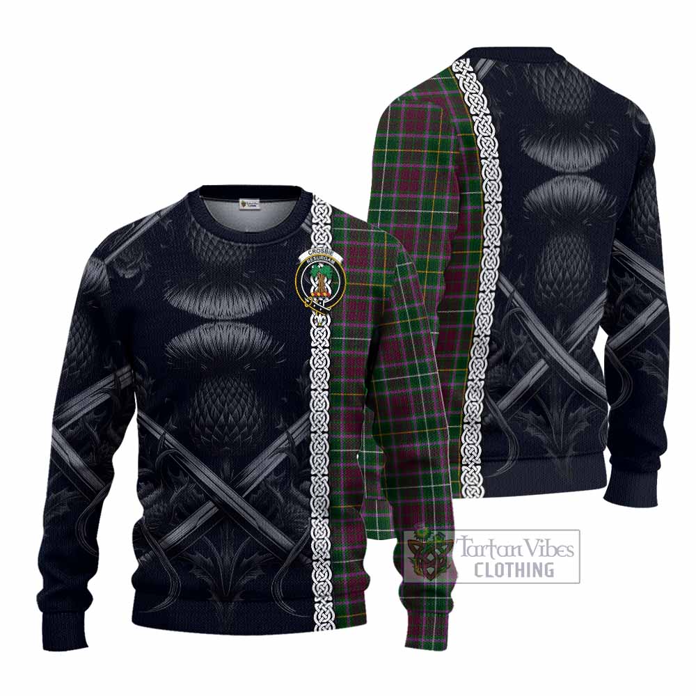 Tartan Vibes Clothing Crosbie Tartan Knitted Sweater with Family Crest Cross Sword Thistle Celtic Vibes