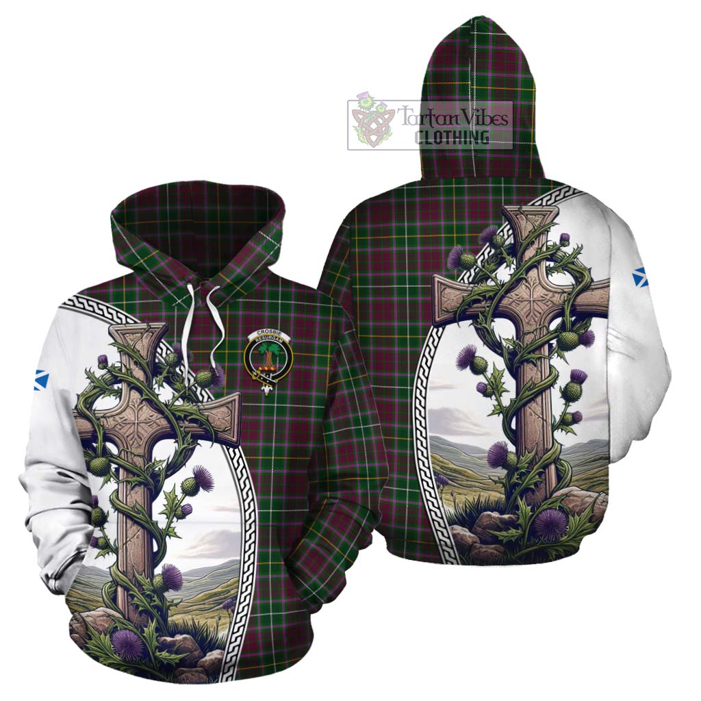 Tartan Vibes Clothing Crosbie Tartan Cotton Hoodie with Family Crest and St. Andrew's Cross Accented by Thistle Vines