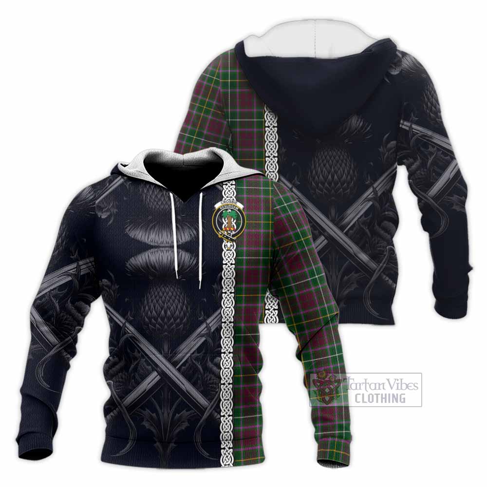 Tartan Vibes Clothing Crosbie Tartan Knitted Hoodie with Family Crest Cross Sword Thistle Celtic Vibes