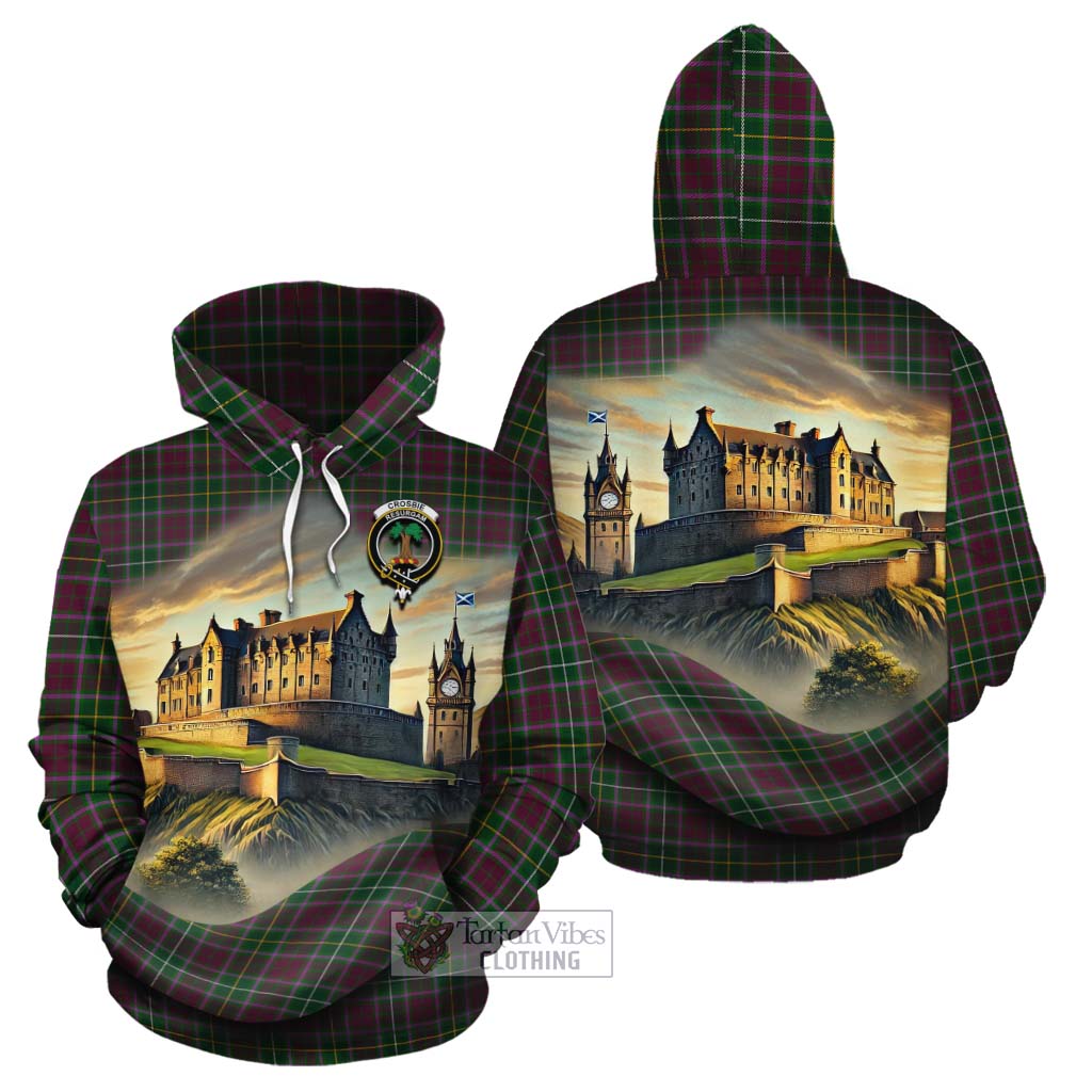 Tartan Vibes Clothing Crosbie Tartan Family Crest Cotton Hoodie with Scottish Ancient Castle Style