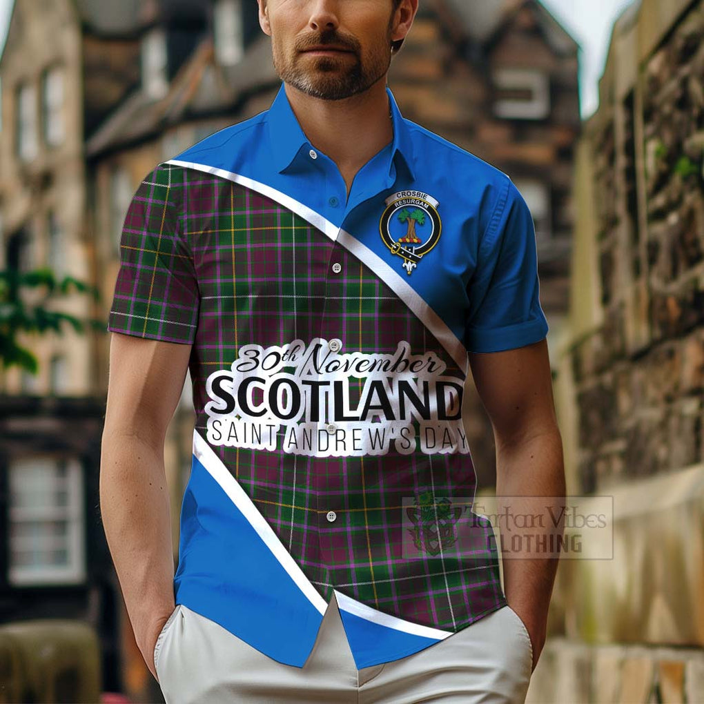 Tartan Vibes Clothing Crosbie Family Crest Tartan Short Sleeve Button Shirt Celebrate Saint Andrew's Day in Style
