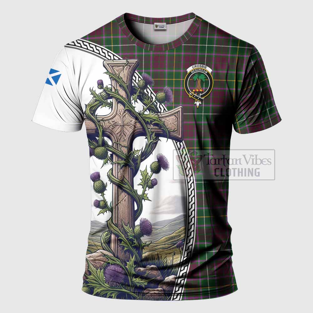 Tartan Vibes Clothing Crosbie Agnew Tartan T-Shirt with Family Crest and St. Andrew's Cross Accented by Thistle Vines