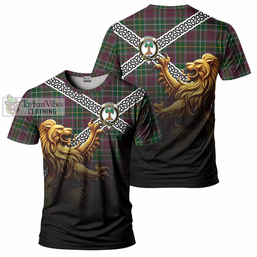Tartan Vibes Clothing Crosbie Crest Tartan T-Shirt with Golden Lion Emblem Celtic Style