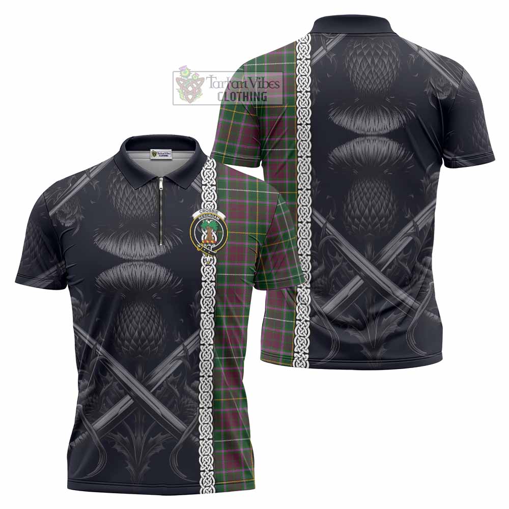 Tartan Vibes Clothing Crosbie Tartan Zipper Polo Shirt with Family Crest Cross Sword Thistle Celtic Vibes