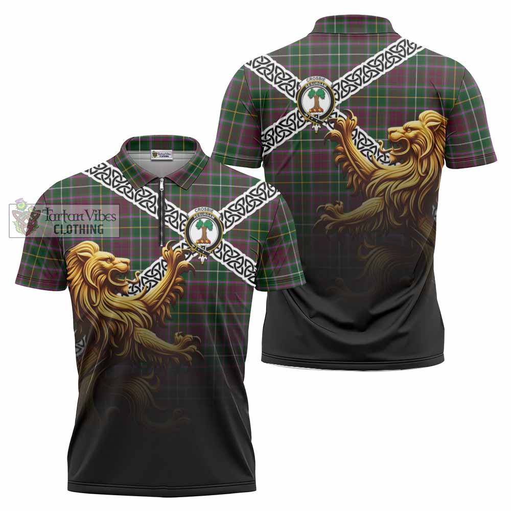Tartan Vibes Clothing Crosbie Crest Tartan Zipper Polo Shirt with Golden Lion Emblem Celtic Style