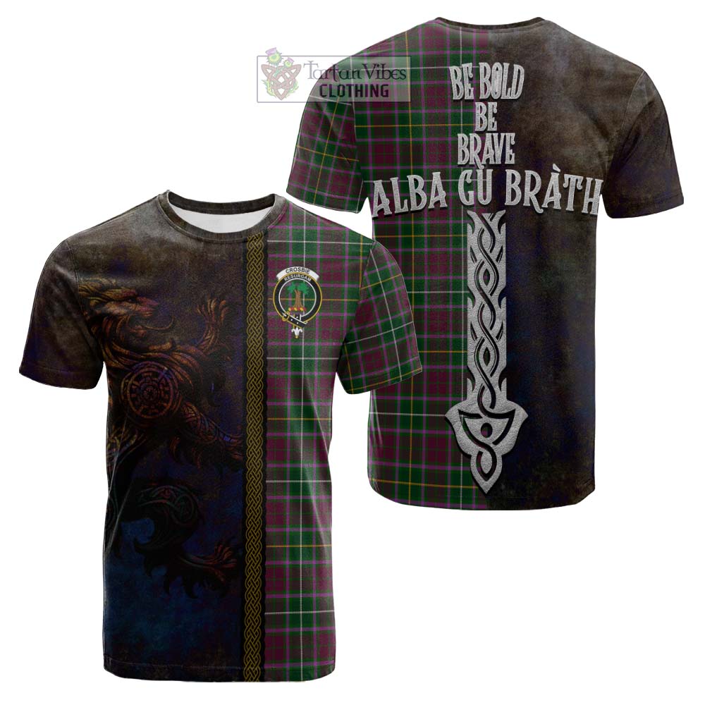 Tartan Vibes Clothing Crosbie Tartan Family Crest Cotton T-shirt Alba Gu Brath Be Brave Lion Ancient Style
