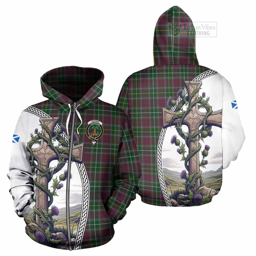 Tartan Vibes Clothing Crosbie Tartan Hoodie with Family Crest and St. Andrew's Cross Accented by Thistle Vines